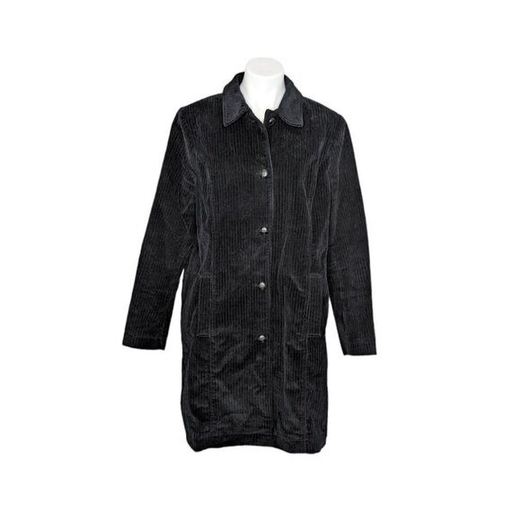 VTG Black Corduroy Long Button Front Collared Coat Denim and Co - Picture 1 of 9